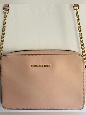 Michael Kors Jet Set Crossbody Bag Blush Pink Saffiano Leather Gold Chain Strap